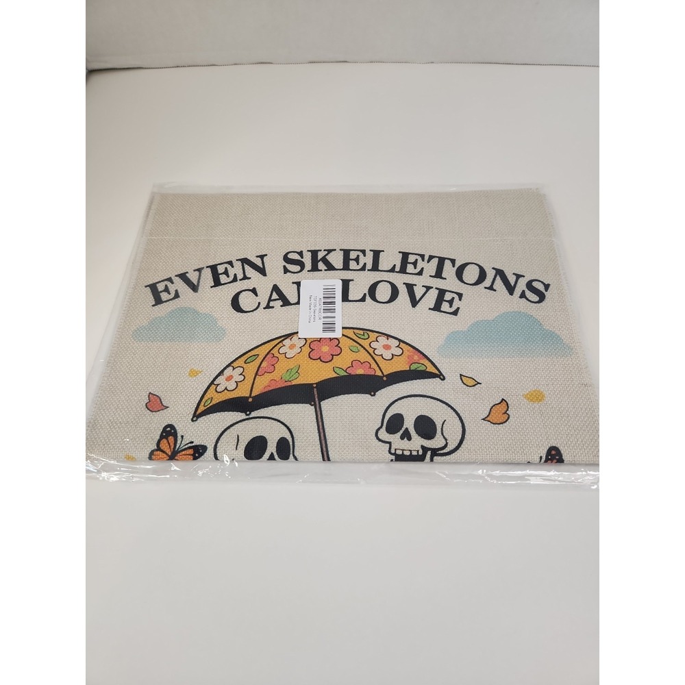 Cottagecore Halloween Garden Flag Even Skeletons Can Love Burlap Banner Cute Cat